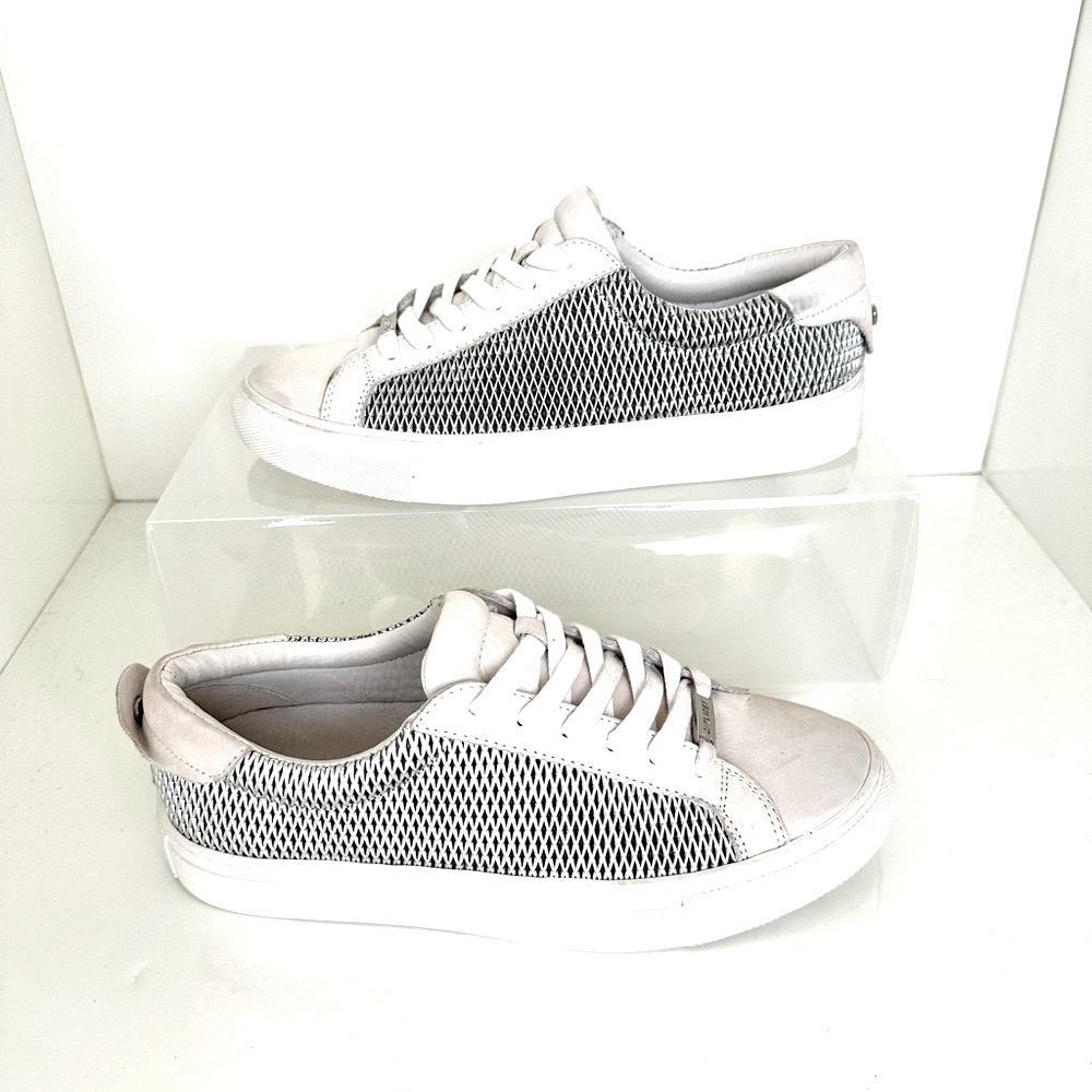 J/Slides NYC White Leather Sneakers with Silver Leather Mesh Detailing